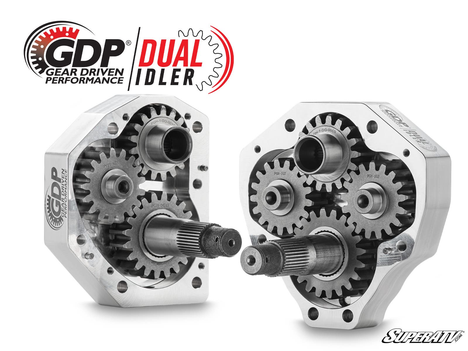 Two silver Polaris RZR Turbo R 4 Portal Gear Lift assemblies with exposed gears and splined shafts are side by side. GDP Gear Driven Performance, Dual Idler, and the SuperATV logos appear above and at the bottom right. The parts are finely machined.