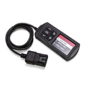 The SXS Performance Tuner - DynoJet® Power Vision features a black body, attached cable with OBD-II connector, screen with menu options (Flash Tune, Vehicle Tools, Device Tools), and five buttons beneath the display. Compatible with Maverick, RZR, Talon, 