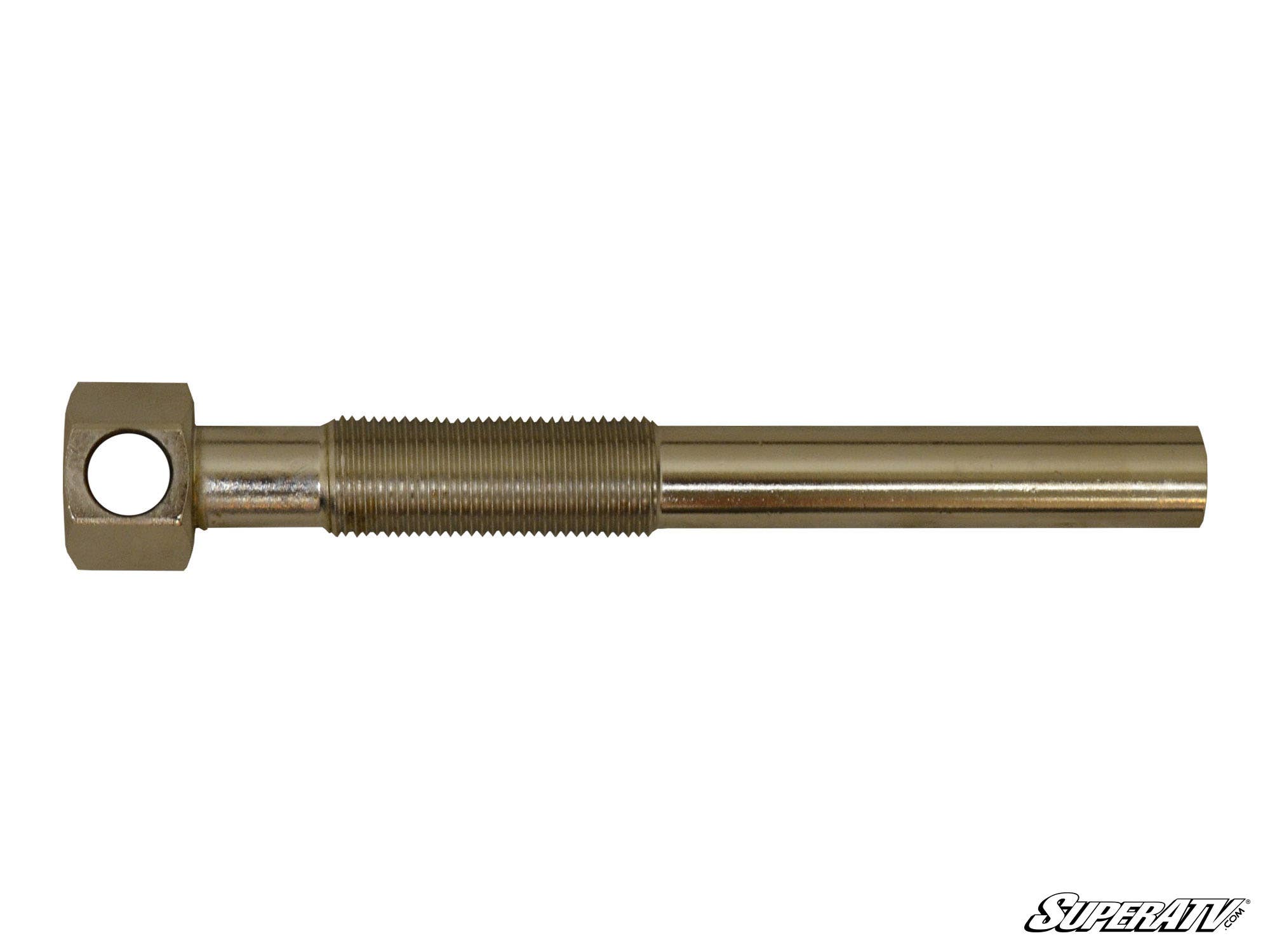 The Primary Drive Clutch Puller is a metal rod with a hexagonal head on the left and a hole through the head. It features partially threaded grooves, a smooth cylindrical section, and displays the SuperATV logo in the bottom right corner.