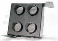 The Inferno Cab Heater Kit With Defrost for 2015-Current Kawasaki Mule Pro FX/FXT/FXR is a rectangular black metal box with four circular vent grilles, two short hose connectors on the left, and mounting brackets on top right and bottom left.
