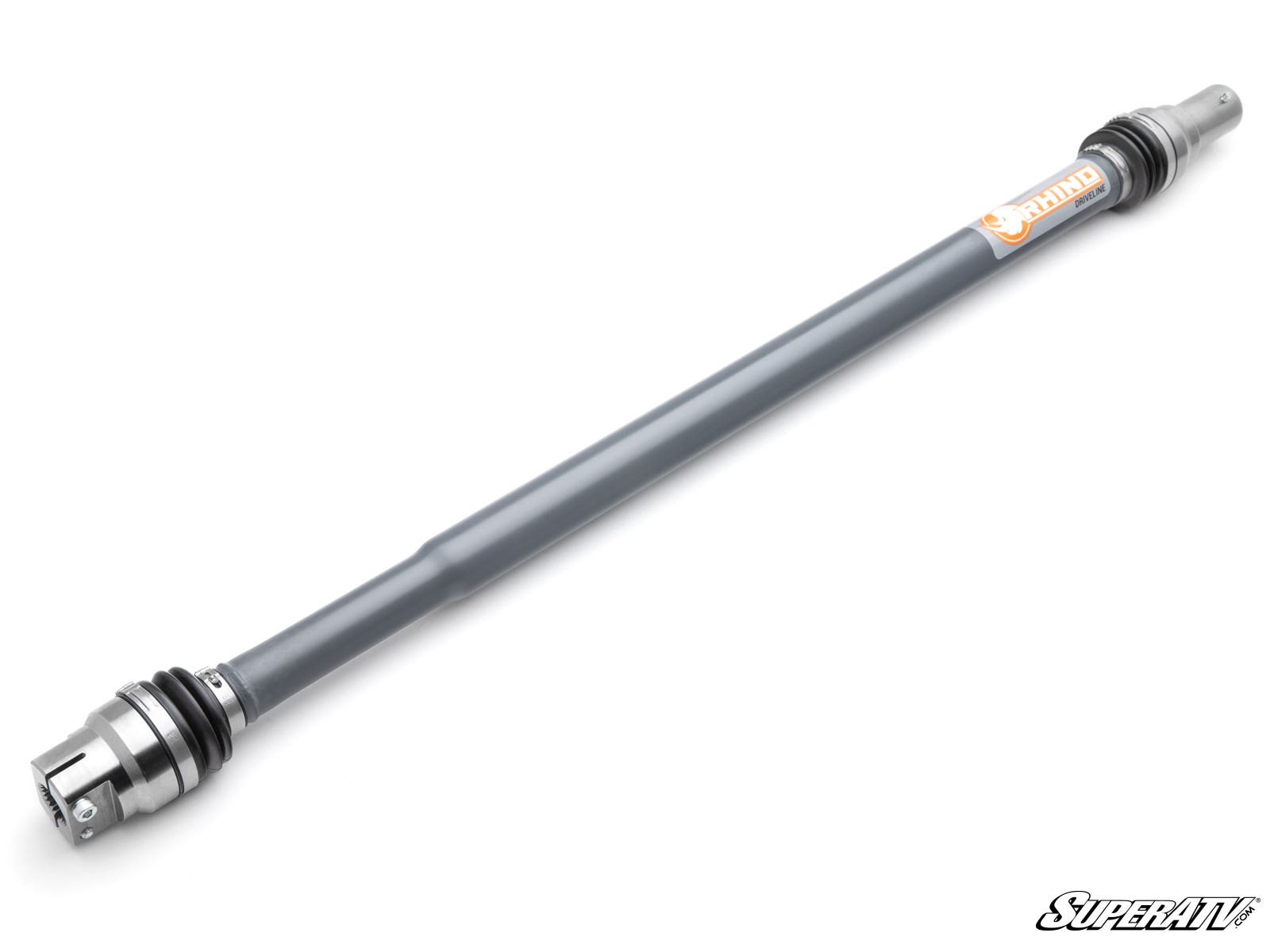 The Polaris RZR PRO XP Heavy-Duty Prop ShaftRhino Driveline features a rugged, cylindrical metal design with silver and gray parts. One end has a slotted coupling, the other a flanged fitting, plus an orange and white “SuperATV” label on a white backgroun