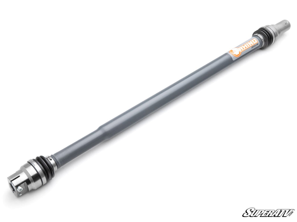 The Polaris RZR Turbo R Heavy-Duty Prop Shaft Rhino Driveline is shown diagonally on a white background, featuring reinforced machined metal joints at both ends and an orange and white SuperATV label.