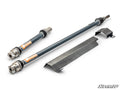 A Polaris RZR XP Heavy-Duty Prop ShaftRhino Driveline set with two gray drive shafts featuring orange Rhino labels and two flat metal brackets, all shown on a white background with the SuperATV logo in the bottom right.
