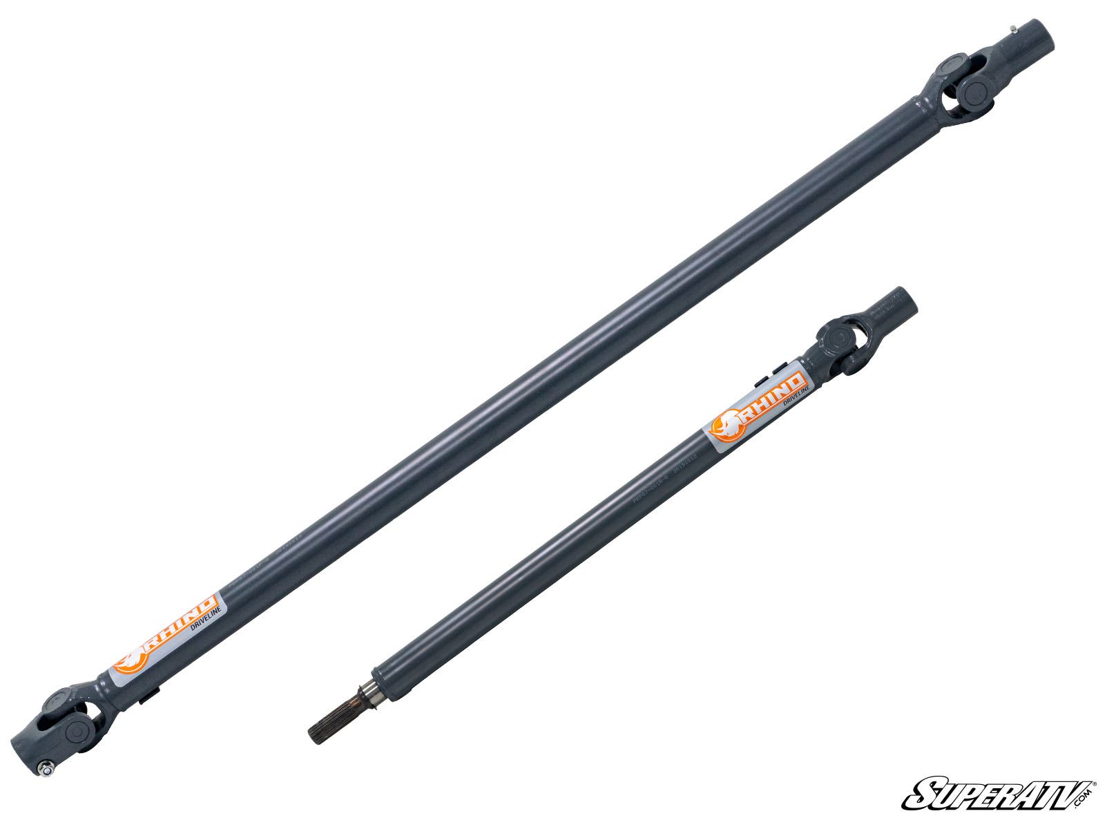 Two gray metal Can-Am Defender Heavy-Duty Prop Shaft Rhino Driveline prop shafts of different lengths are side by side on a white background. Both have yokes and orange Rhino labels, with the lower shaft featuring a splined end. SuperATV logo appears at b
