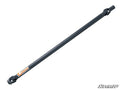 A black, cylindrical metal Can-Am Maverick X3 Heavy-Duty Prop Shaft (Rhino Driveline) with U-joint yokes, an orange RHINO logo near one end, and a white SUPERATV logo at the bottom right on a plain white background.