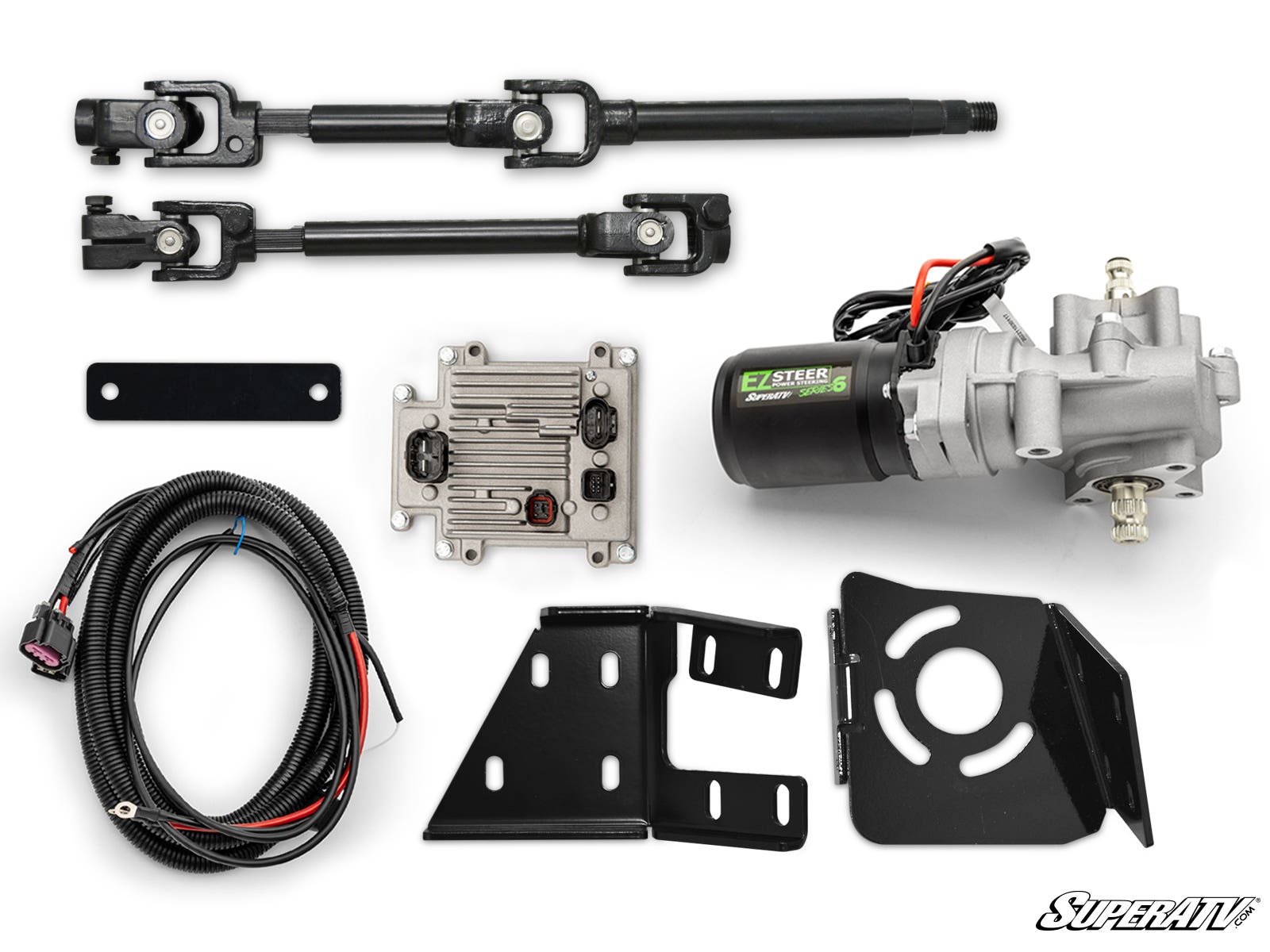 The Polaris RZR XP 1000 EZ-STEER Series 6 Power Steering Kit includes a wiring harness, control module, motor unit, two steering shafts with universal joints, a mounting plate, and two black metal brackets arranged on a white background.
