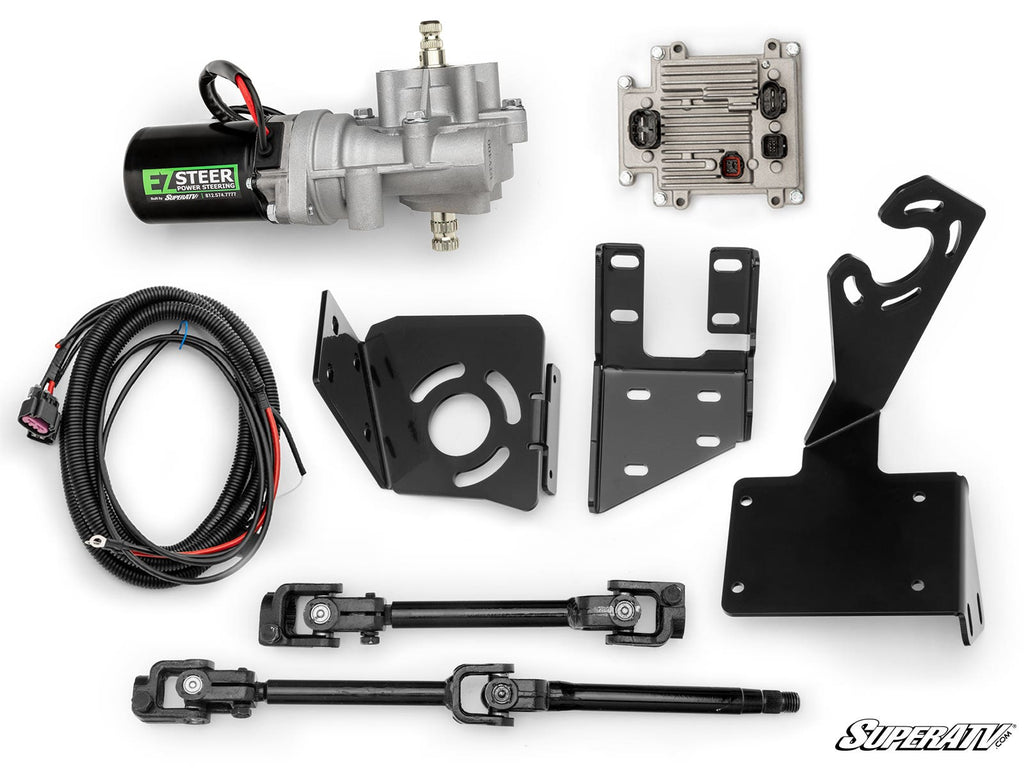 The Polaris RZR XP Turbo S Power Steering Kit is displayed on a white background, featuring a motor, wiring harness, control module, black metal mounting brackets, and steering linkage rods with universal joints.