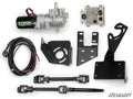 The Polaris RZR XP Turbo S Power Steering Kit is displayed on a white background, featuring a motor, wiring harness, control module, black metal mounting brackets, and steering linkage rods with universal joints.