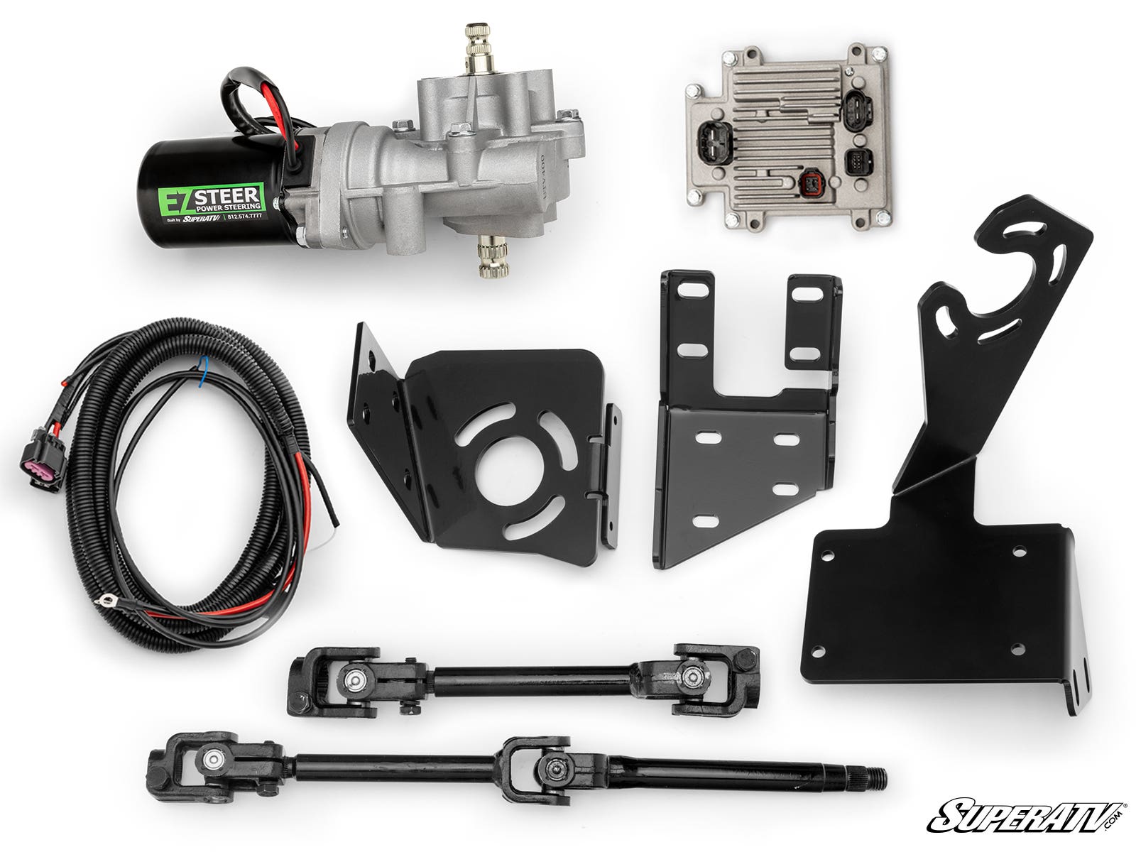 The Polaris RZR XP Turbo S EZ-STEER Series 6 Power Steering Kit is shown on a white background with an electric motor/pump labeled EZ-STEER, control module, wiring harness, three black brackets, two steering shafts with joints, hardware bag, and SuperATV 