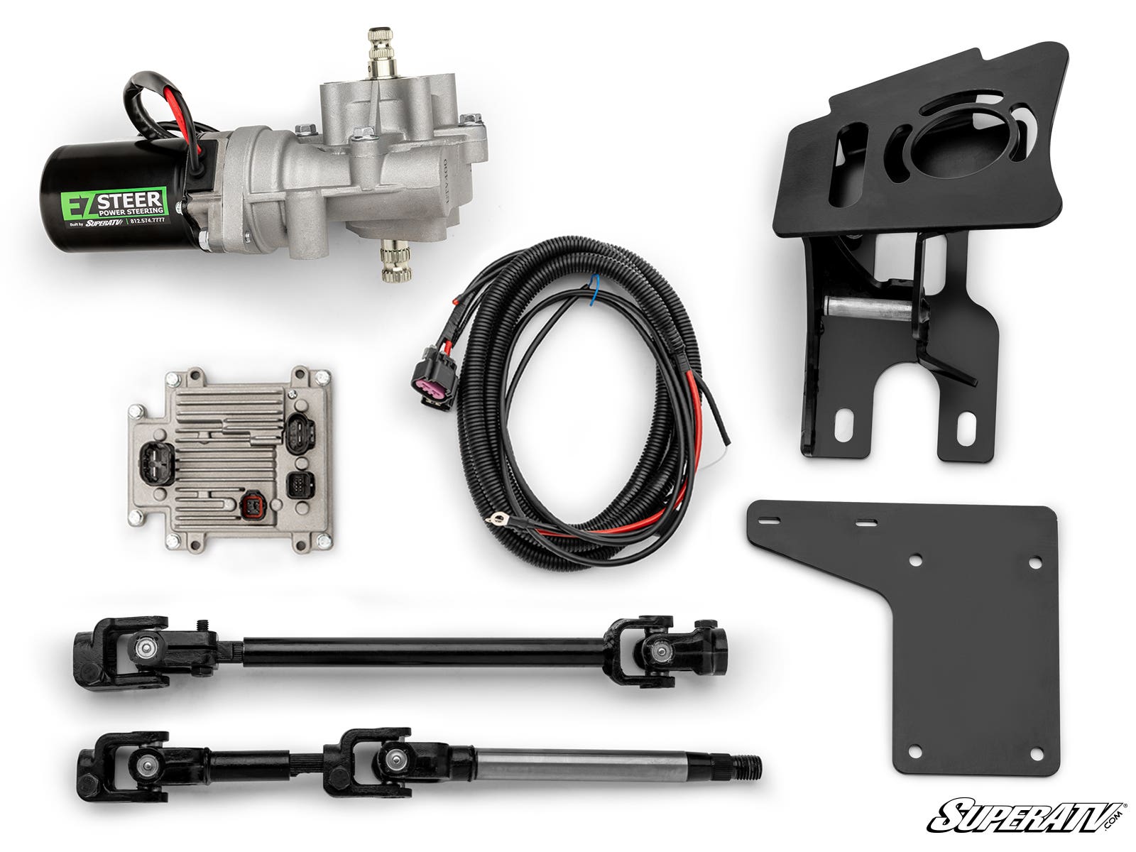 An overhead view of the Polaris RZR PRO XP Power Steering Kit, featuring a motor, two mounting brackets, wiring harness, control module, and two black steering linkages arranged on a white background. The “SuperATV” logo is visible in the corner.