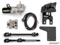 The Polaris RZR PRO XP EZ-Steer Series 6 Power Steering Kit is shown on a white background with an electric motor, wiring harness, control box, two black metal brackets, and two steering shafts. All parts are neatly arranged; the logo appears in the botto