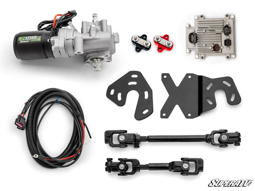 The Honda Talon 1000 EZ-STEER Series 6 Power Steering Kit is shown on a white background with an electric motor, wiring harness, brackets, tie rods with universal joints, control module, hardware, and the SuperATV logo in the bottom right corner.