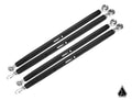 Four black Assault Industries Turret Style Radius Rods for Polaris RZR Pro XP, each with silver rod ends and “Resolve LT” labels, are arranged parallel on a white background. A small black-and-white geometric triangular logo appears in the lower right cor
