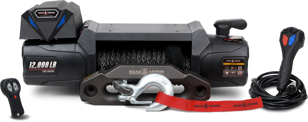 The 12000 Lbs Non-Integrated 12V DC Electric Winch with synthetic rope features two remote controls, a metal hook, and power cord attachment—ideal for vehicle recovery and off-road use.
