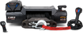 The 12000 Lbs Non-Integrated 12V DC Electric Winch with synthetic rope features two remote controls, a metal hook, and power cord attachment—ideal for vehicle recovery and off-road use.