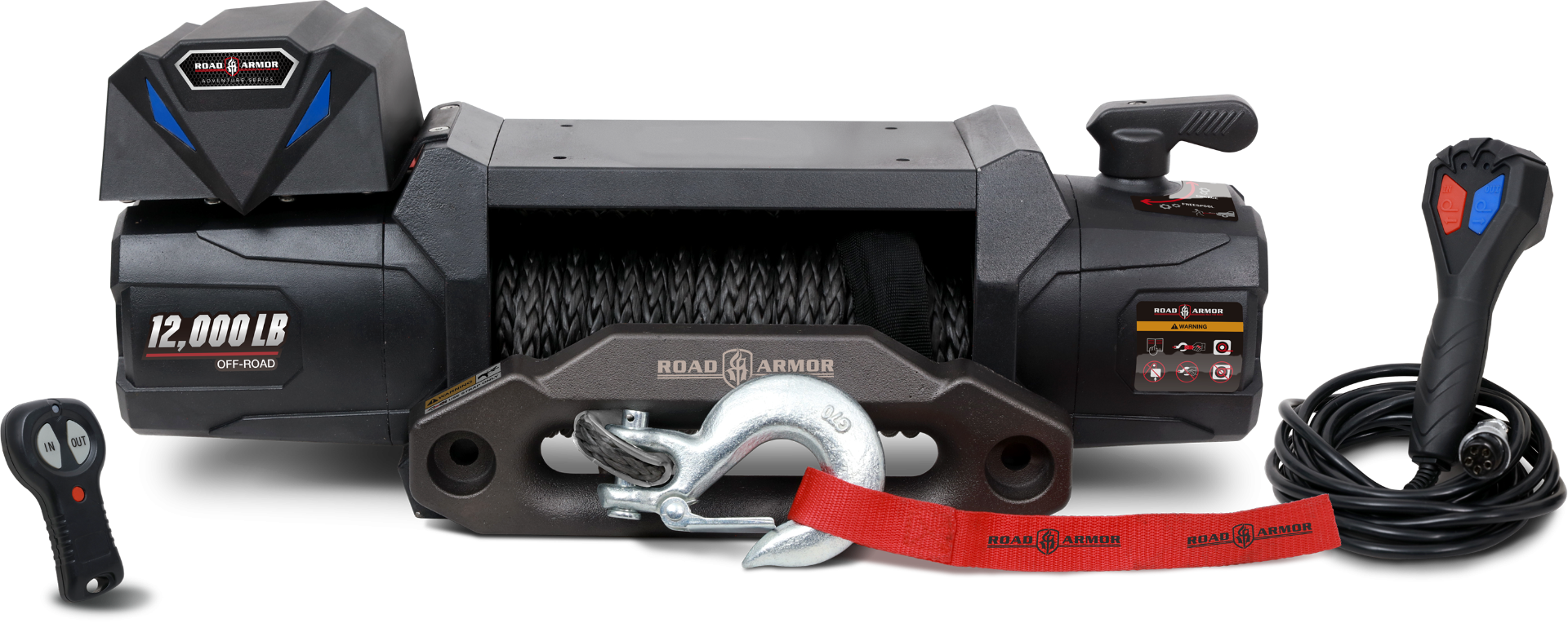 The 12000 Lbs Non-Integrated 12V DC Electric Winch with synthetic rope features two remote controls, a metal hook, and power cord attachment—ideal for vehicle recovery and off-road use.
