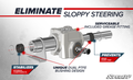 A labeled diagram showcases the Polaris Ranger XP 1000 RackBoss 2.0 Rack and Pinion, highlighting a serviceable grease fitting, dual PTFE bushings for stabilizing components, and notes on preventing wear and sloppy steering; SuperATV branding shown.