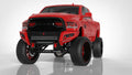 A 2010-2018 Ram 2500 with a bold Identity Front Bumper Full Kit—center section shackle, standard end pods, light pod x2 cubes, accent lights, and black ring—displayed on a clean white background.
