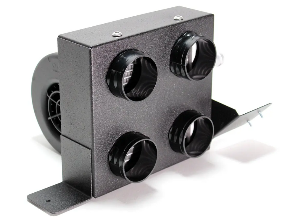 The Inferno Cab Heater Kit With Defrost for 2012-2014 Polaris Ranger Diesel 900 features a black metal box with four round front air outlets, two base mounting brackets, and a rear cylindrical fan housing, shown on a white background.