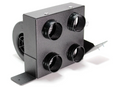 The Inferno Cab Heater Kit With Defrost for 2012-2014 Polaris Ranger Diesel 900 features a black metal box with four round front air outlets, two base mounting brackets, and a rear cylindrical fan housing, shown on a white background.
