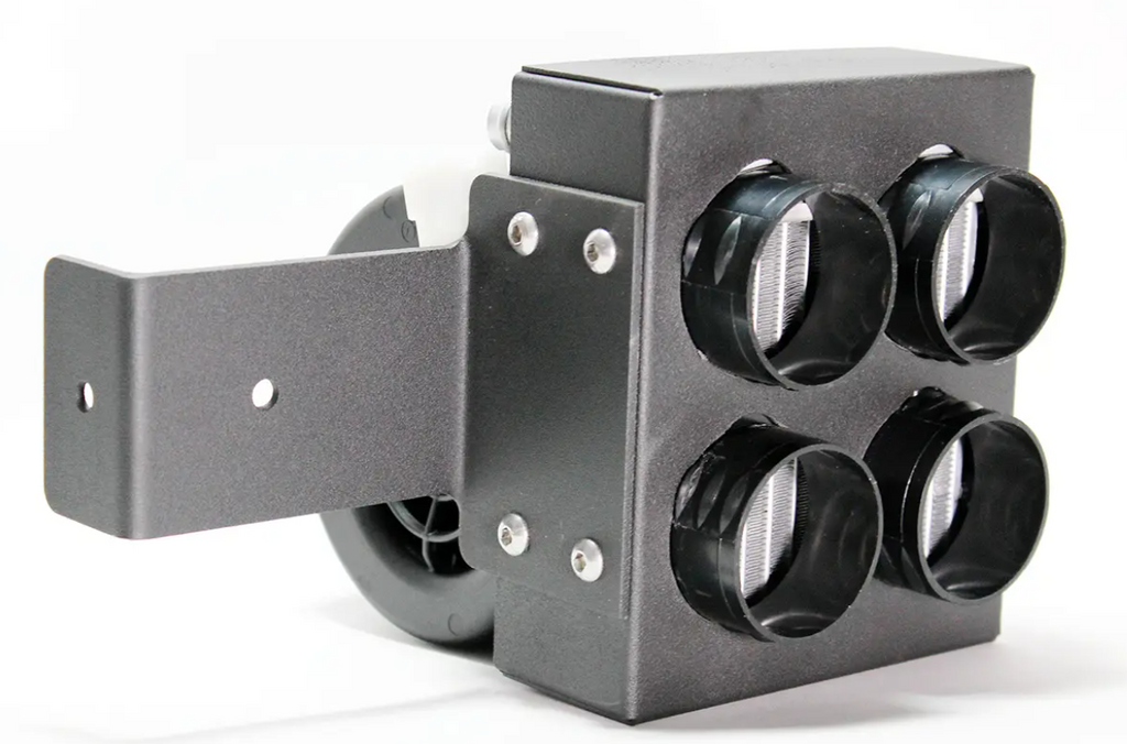 The Inferno Cab Heater Kit With Defrost for 2018-Current Polaris Ranger 1000 & 1000 XP features four round black sensors in a square layout, sturdy L-shaped mounting bracket, visible screws, and a partially visible rear fan against a white background.