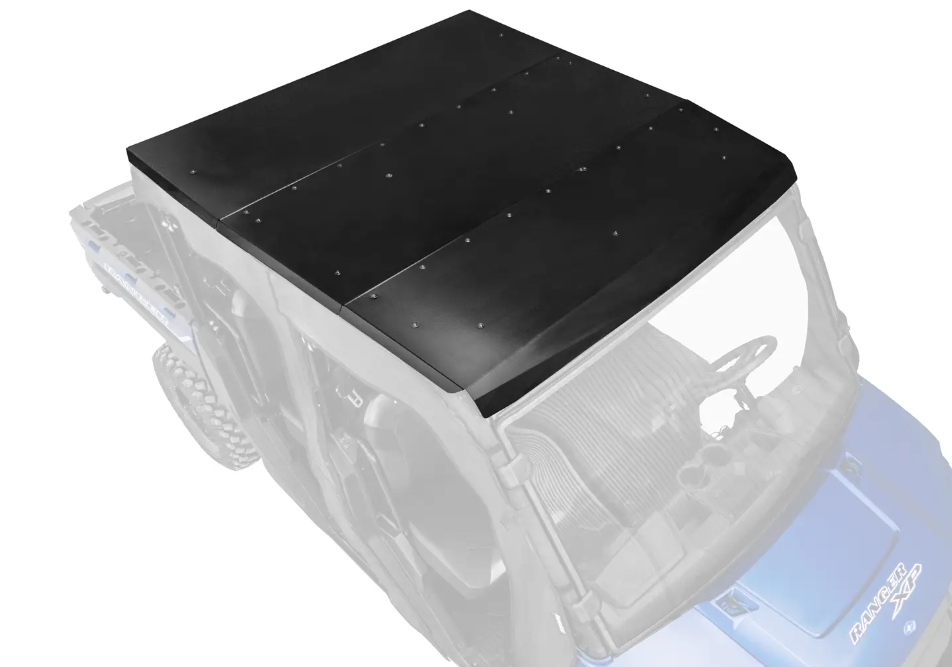 A Polaris Ranger XP 1000 Crew Aluminum Roof in black, featuring three panels and visible bolts, is installed on a blue UTV. The image is viewed from above at an angle, with the rest of the vehicle faded to highlight the roof.