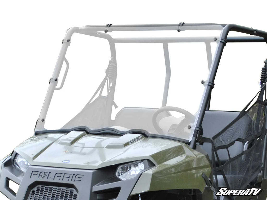 A close-up of a Polaris Ranger 500 Midsize (2010-2013) off-road utility vehicle features a clear, slightly angled windshield covering the front and top, black metal frame, and visible Polaris logo on the hood against a plain white background.