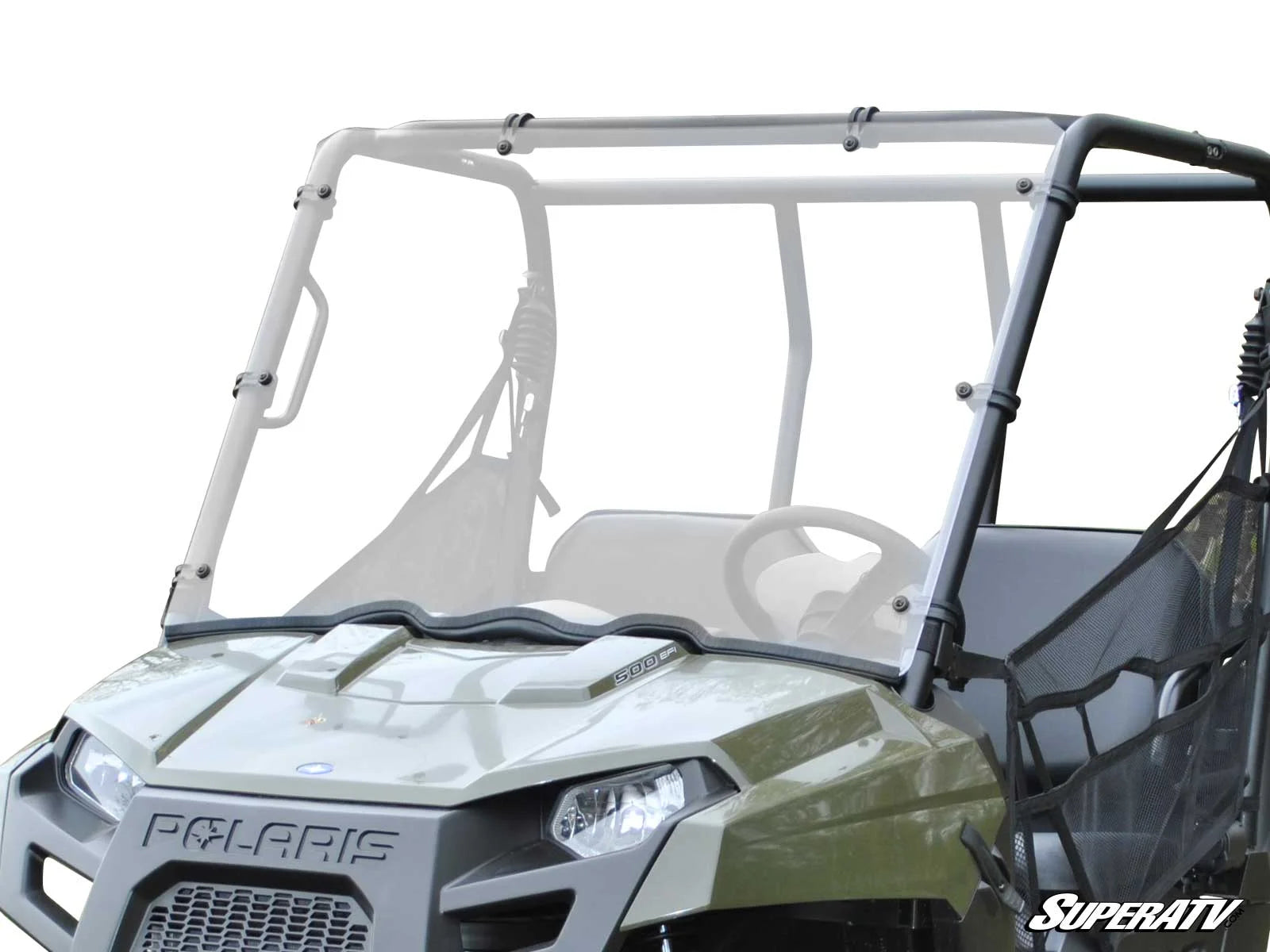 A close-up of a Polaris Ranger 500 Midsize (2010-2013) off-road utility vehicle features a clear, slightly angled windshield covering the front and top, black metal frame, and visible Polaris logo on the hood against a plain white background.