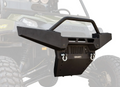 A close-up of the Polaris Ranger XP Winch Ready Front Bumper, featuring a rugged black metal build with a skid plate and two D-ring mounts, shown on a green Polaris off-road vehicle equipped with large tires and a winch.