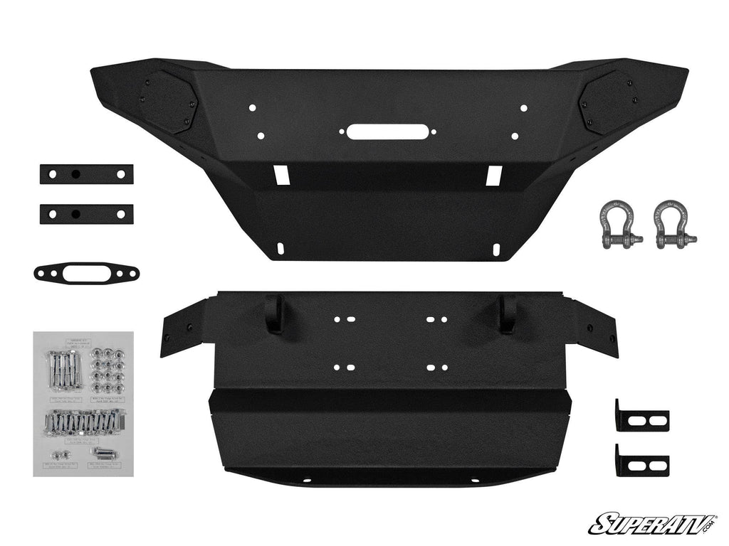 The Polaris Ranger XP Kinetic Winch-Ready Front Bumper kit includes the main bumper, skid plate, two D-ring shackles, mounting brackets, a fairlead plate, hardware set with bolts and washers, and installation instructions—all shown on a white background.