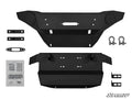 The Polaris Ranger XP Kinetic Winch-Ready Front Bumper kit includes the main bumper, skid plate, two D-ring shackles, mounting brackets, a fairlead plate, hardware set with bolts and washers, and installation instructions—all shown on a white background.