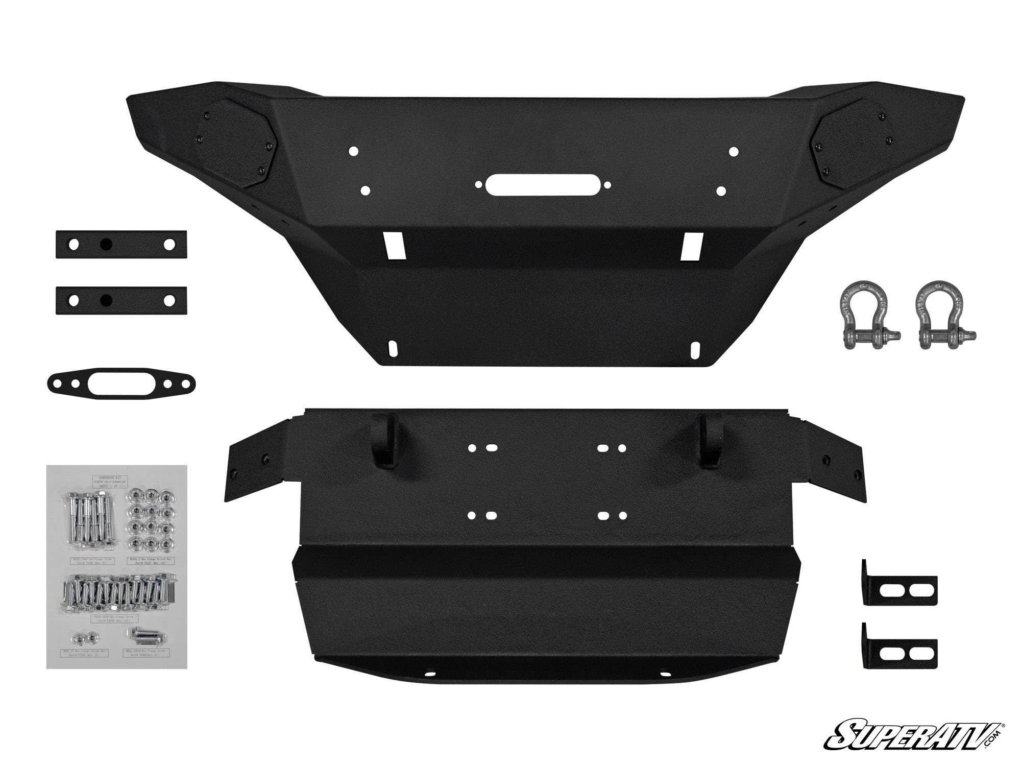 The Polaris Ranger XP Kinetic Winch-Ready Front Bumper kit includes the main bumper, skid plate, two D-ring shackles, mounting brackets, a fairlead plate, hardware set with bolts and washers, and installation instructions—all shown on a white background.