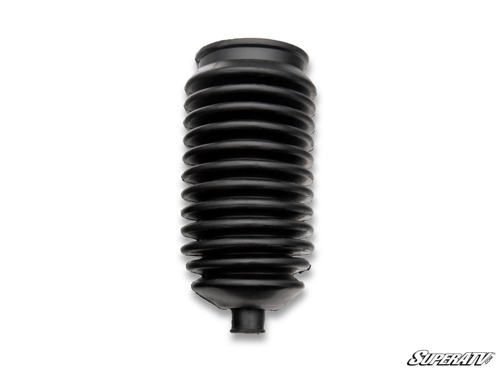An Up & Running Polaris Ranger XP 900 Rack and Pinion Replacement Boot Kit, in black accordion-style rubber with ridges and a small tapered opening, shown from above on a white background. “SuperATV” logo at bottom right.