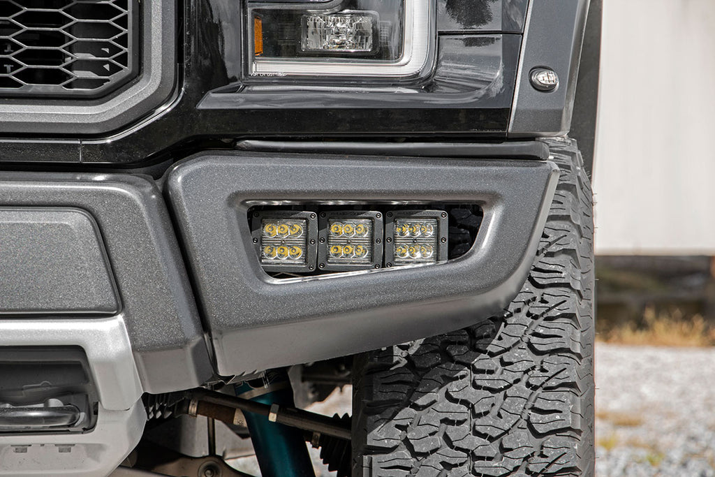 Rough Country LED Light | Fog Mount | Triple 2" Black Pair | Amber DRL | Ford Raptor (17-20)