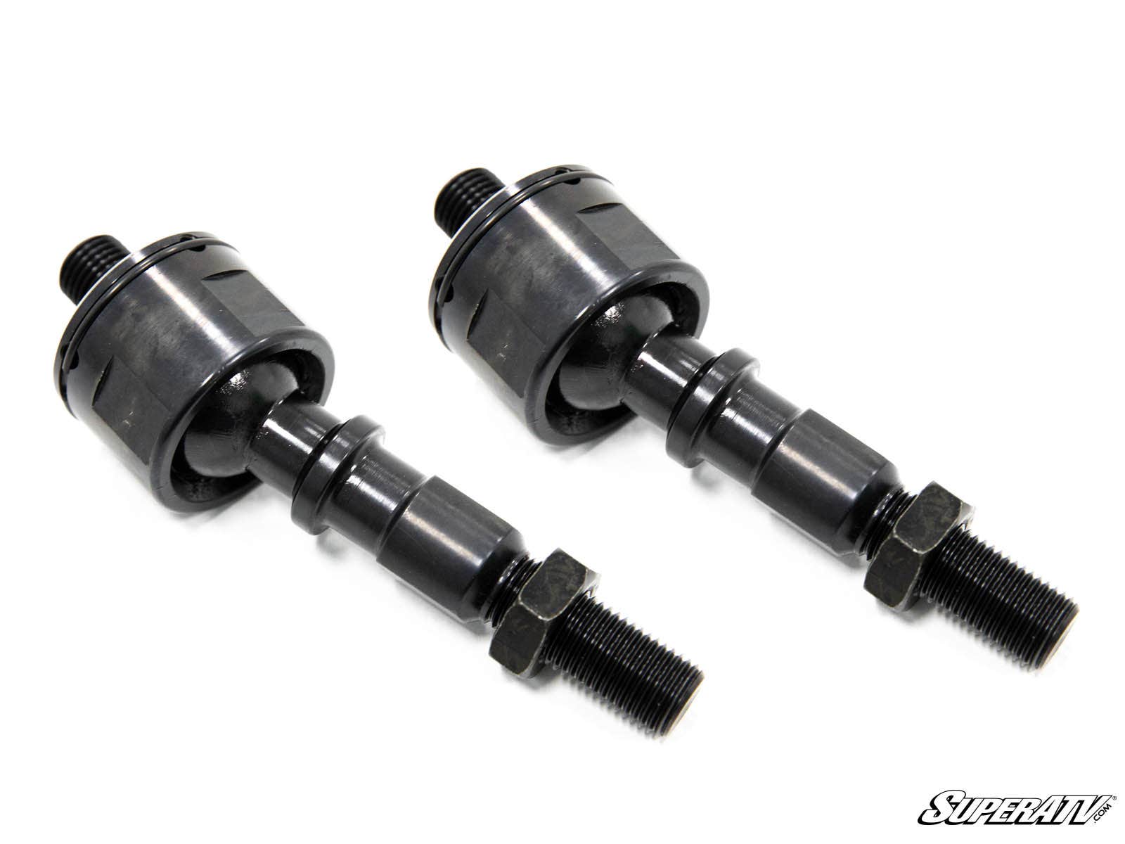 Two heavy-duty SuperATV Inner Tie Rod End Replacements for Polaris, featuring black metal ball joints with threaded ends, round housings, and visible hex nuts, are displayed on a white background. The SuperATV logo is at the bottom right.