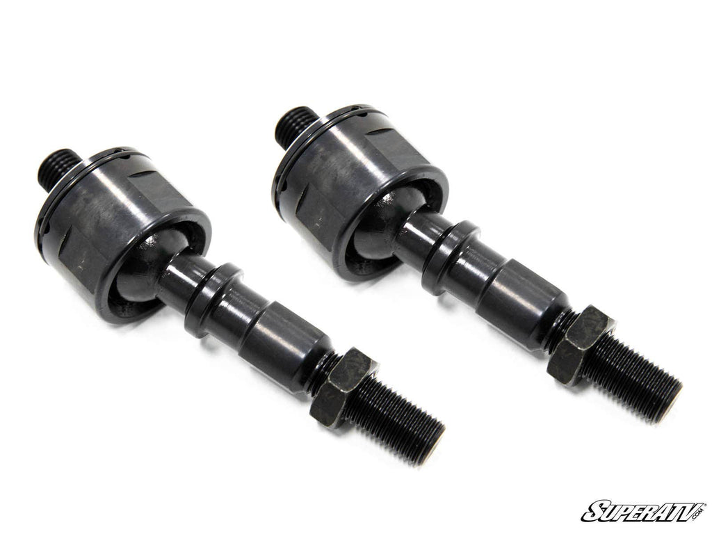 Two SuperATV Inner Tie Rod End Replacement Can-Am parts are shown on a white background, each with a threaded stud, spherical joint, and hex nut. The SuperATV logo appears in the bottom right corner.