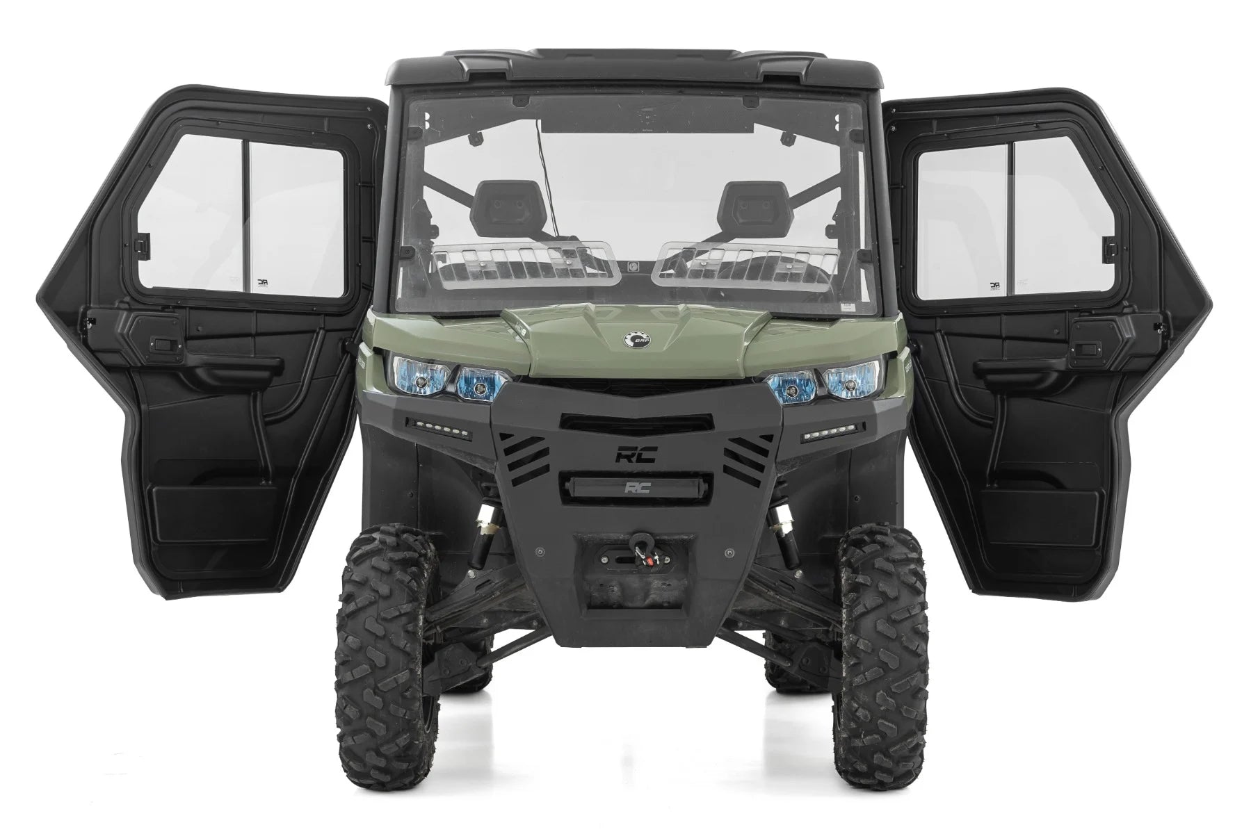 A green 2 Seater Can-Am Defender HD 5/HD 7/HD 8/HD 9/HD 10 is shown from the front with both doors open, featuring rugged tires, two visible front seats through the windshield, and an angular design with blue headlights.
