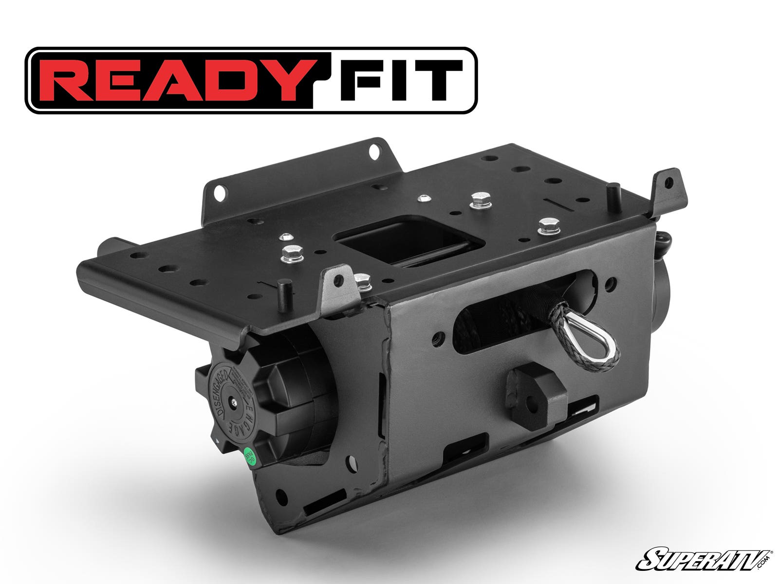 A black, heavy-duty mounting bracket for the Can-Am Maverick R Ready-Fit Winch features multiple holes, a locking pin, and adjustment knobs. It sits below a bold READY FIT logo; SuperATV branding is at the bottom right on a white background.