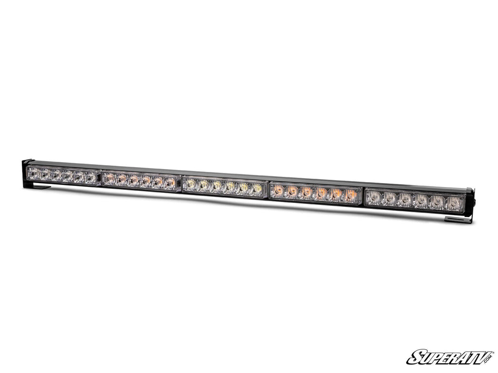The 30 Chase Light Bar features a long, rectangular black frame with multiple small circular LED bulbs in a row and two mounting brackets on each end. The SuperATV logo appears in the bottom right corner on a white background.