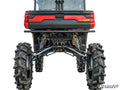 A rear view of a Polaris Ranger XP 1000 featuring the RIDE System Rear Steering Kit, with large rugged tires, exposed suspension, and a black and red body. The SuperATV logo is visible near the tailgate on a white background.