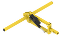 The Receiver Mount System (electro-hydraulic) is a yellow device with two long perpendicular arms, a central joint, and a black hydraulic cylinder connected by hoses and metal fittings for precise linear motion or lifting.