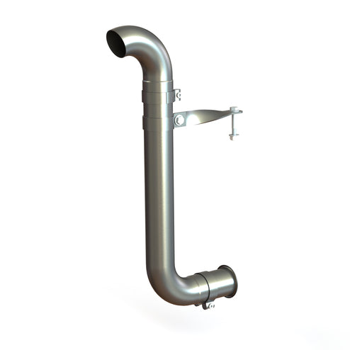 The Can Am Renegade Snorkel (07-11) is a metallic, L-shaped pipe with a smooth silver finish, flared ends, and a central mounting bracket with a bolt, displayed upright against a plain white background.