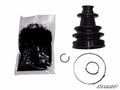 The Polaris Ranger Replacement Axle Boot Rhino Brand kit is displayed on a white background, featuring a black rubber boot, grease packet, two metal clamps of various sizes, and a retaining ring. The SuperATV logo appears in the bottom right corner.