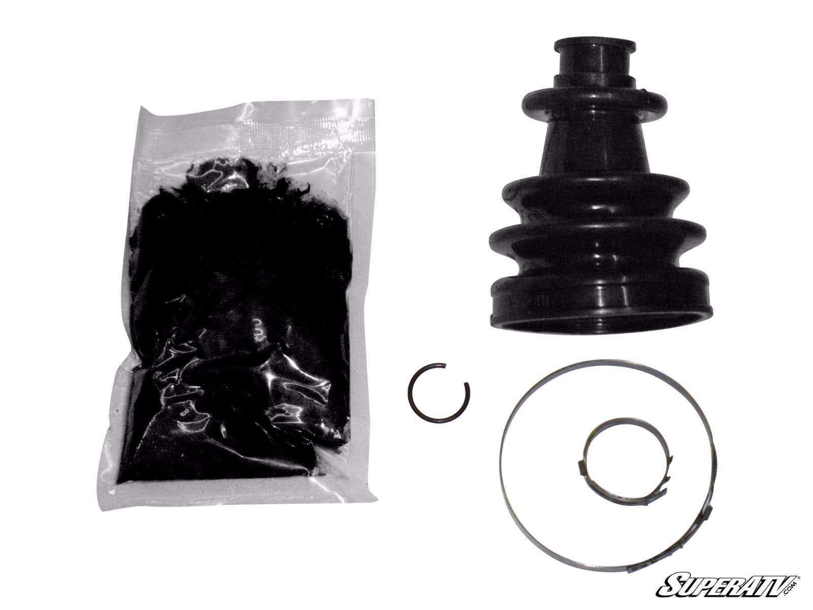 The Polaris Ranger Replacement Axle Boot Rhino Brand kit is displayed on a white background, featuring a black rubber boot, grease packet, two metal clamps of various sizes, and a retaining ring. The SuperATV logo appears in the bottom right corner.