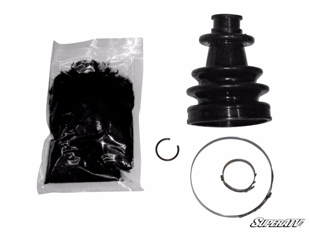 The Kawasaki Replacement Axle BootRhino Brand kit includes a black rubber boot, clear grease packet, small circlip, large metal clamp, and small metal clamp, all shown on a white background with the SuperATV logo in the bottom right corner.