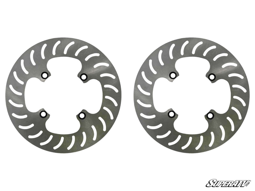 The Replacement Portal Brake Rotor Kit is shown: two silver, circular rotors with spiral ventilation slots and four mounting holes each, side by side on a white background. The SuperATV logo is in the bottom right corner.
