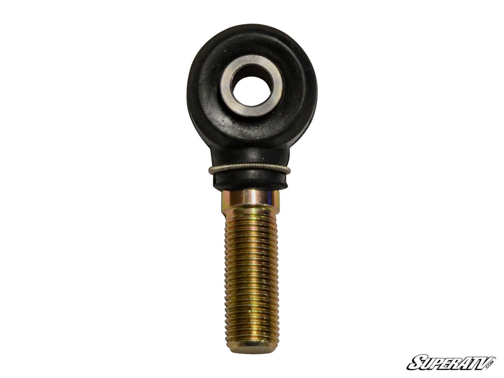 The SuperATV Replacement Tie Rod End - Left Hand Thread features a gold-colored threaded metal shaft with a circular eyelet in a black housing. The SuperATV logo appears at the bottom right on a white background.