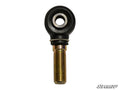 The SuperATV Replacement Tie Rod End - Left Hand Thread features a gold-colored threaded metal shaft with a circular eyelet in a black housing. The SuperATV logo appears at the bottom right on a white background.