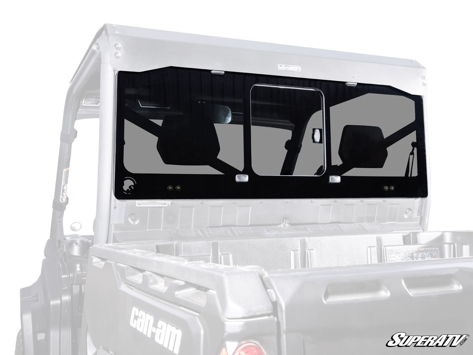 The Can-Am Defender Glass Sliding Rear Windshield features black trim, a secure frame mount, a sliding center window, and displays the SuperATV watermark above the cargo bed. It’s shown installed on the back of a Can-Am utility vehicle.