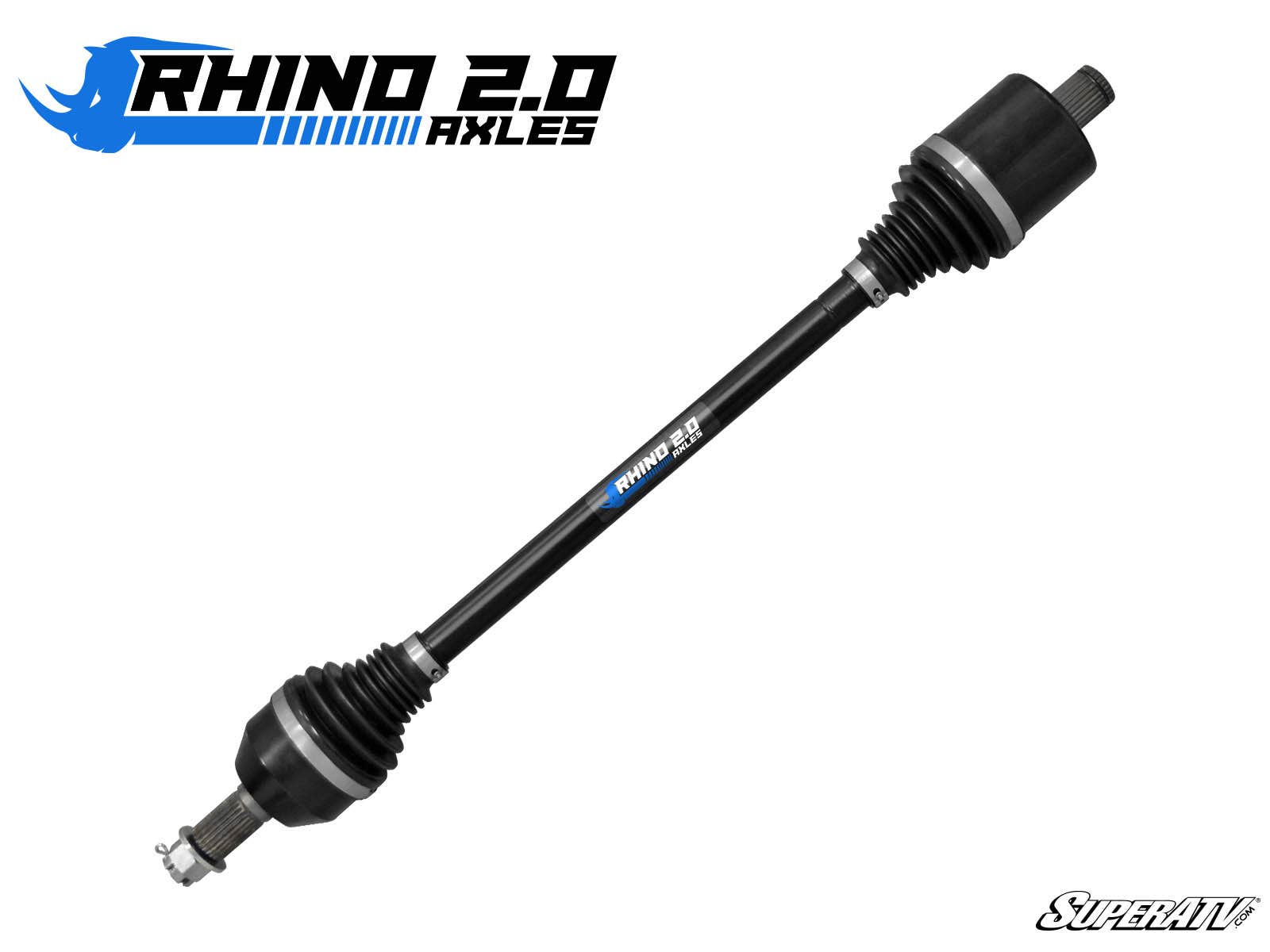 A Polaris General XP 1000 Heavy-Duty Axle Rhino 2.0 with rubber boots and metallic connectors on both ends is displayed on a white background. The Rhino 2.0 Axles logo appears at the top left, and the SuperATV logo is at the bottom right.